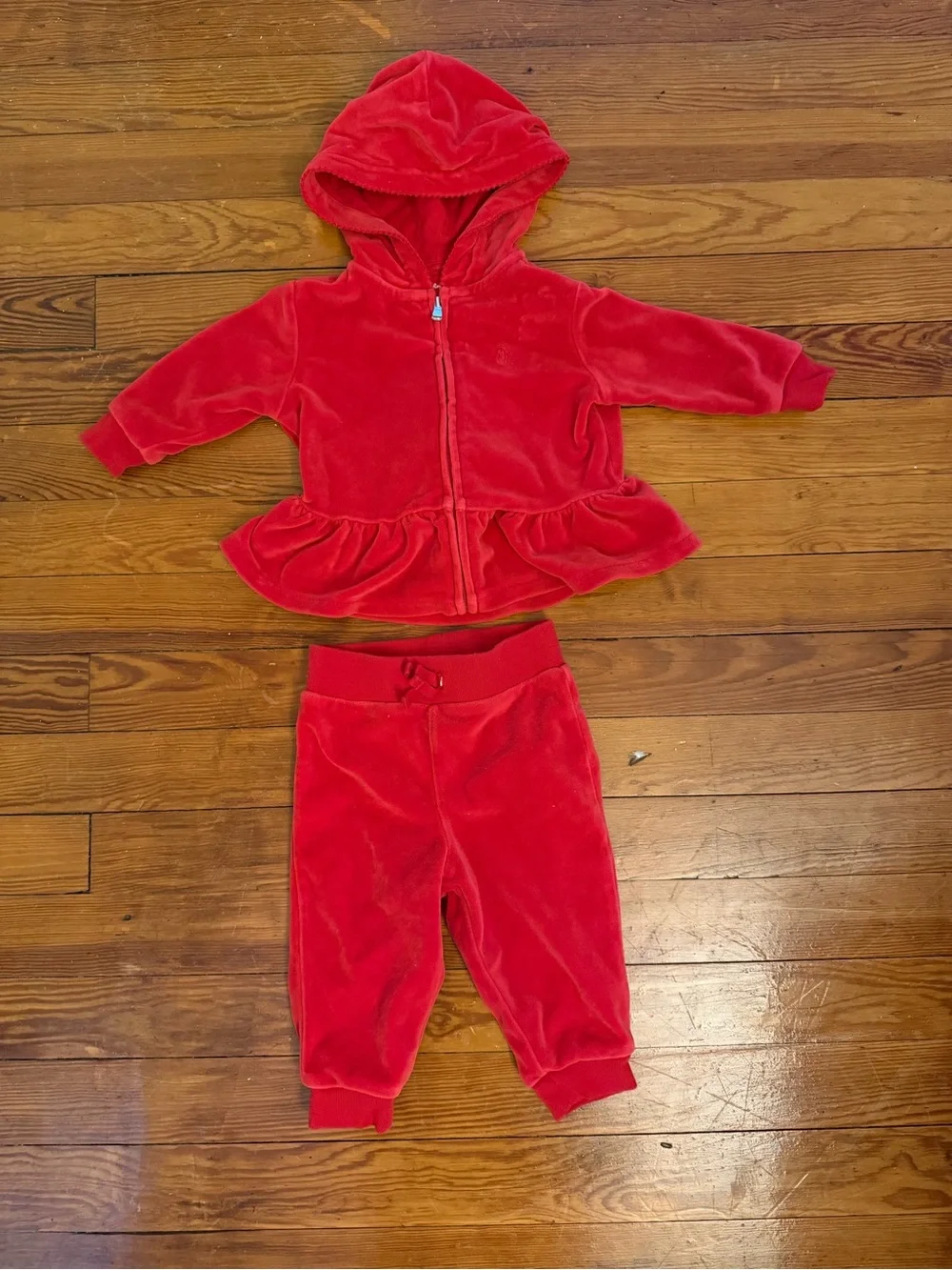Ralph Lauren Baby Girls Red Velour Peplum Hoodie & Pants Set 9M